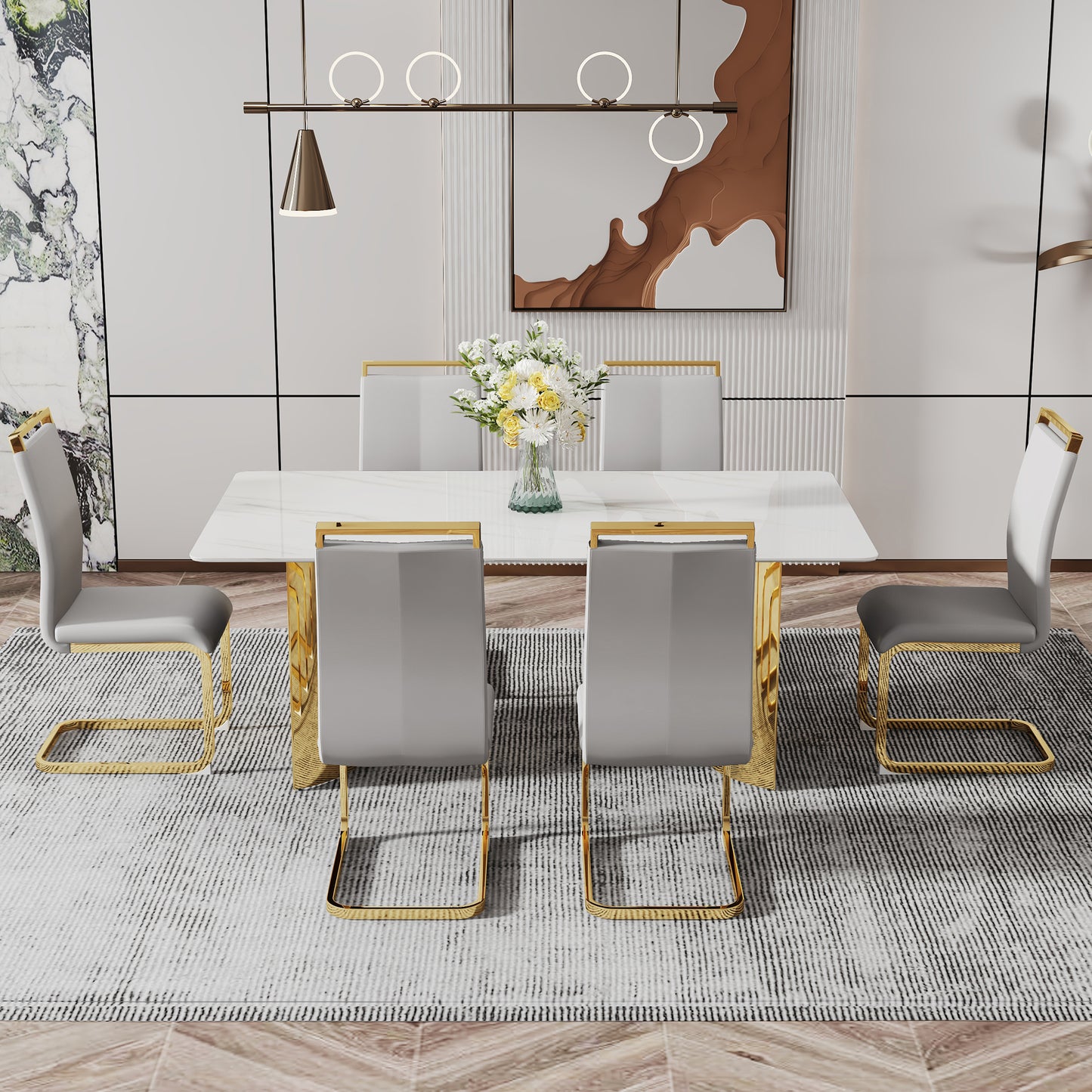 Modern minimalist dining table. The white imitation marble glass desktop is equipped with golden metal legs. Suitable for restaurants and living rooms 71 "* 39.3" * 29.5 "DT-69