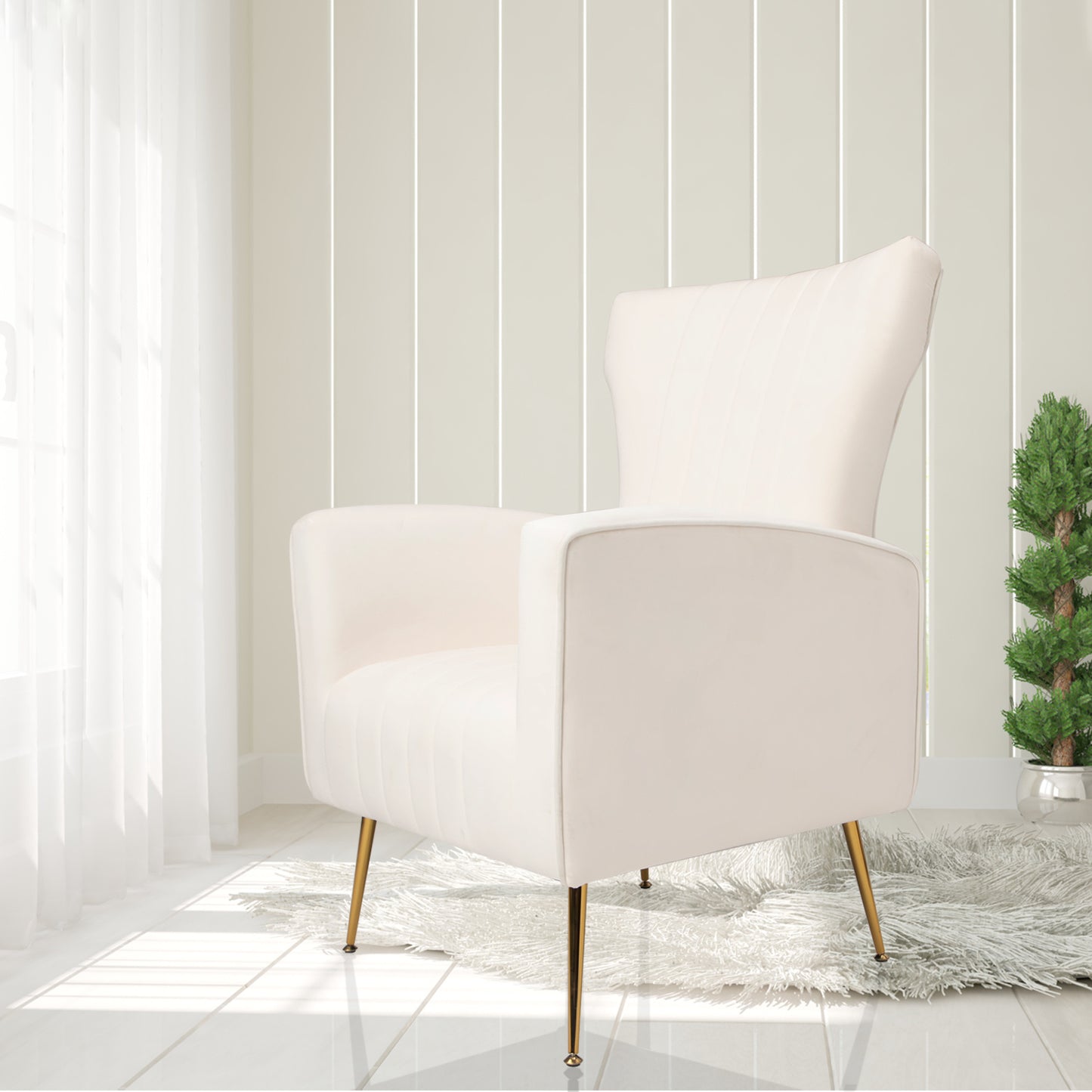 White Velvet Accent Chair; Wingback