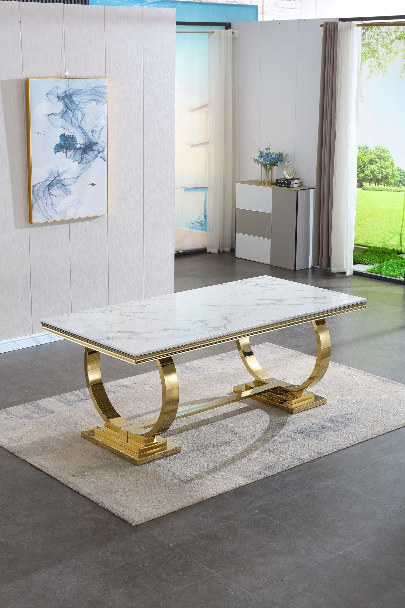 White Marble Dining Table, 0.71" Thick Marble Top, Double U-Shape Stainless Steel Base with Gold Mirrored Finish