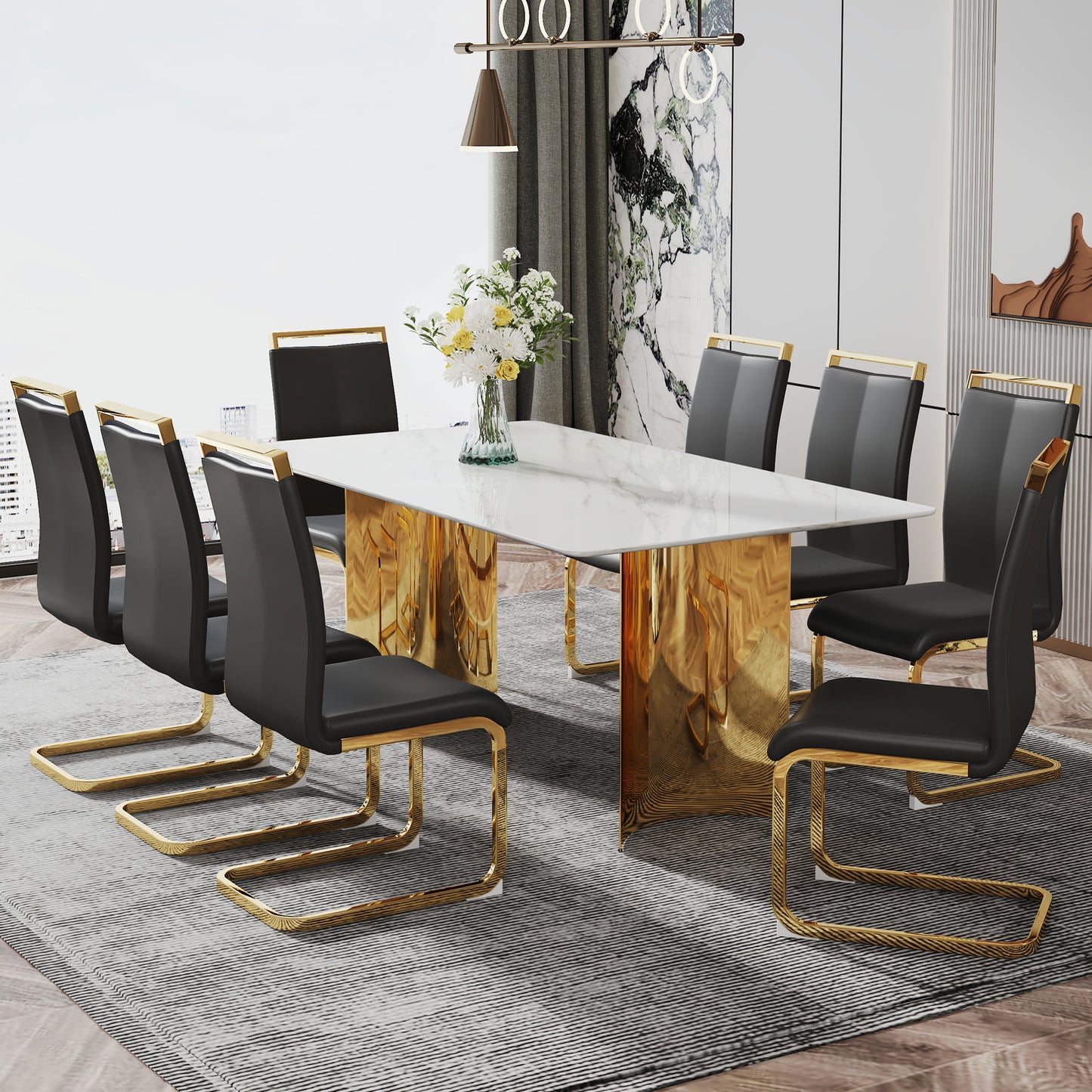 Modern minimalist dining table. The white imitation marble glass desktop is equipped with golden metal legs. Suitable for restaurants and living rooms 71 "* 39.3" * 29.5 "DT-69