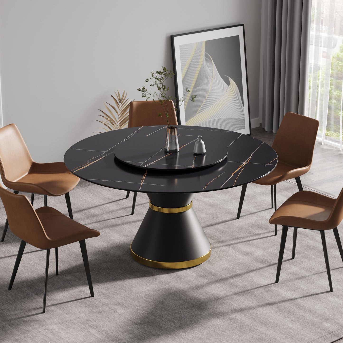 59.05"Modern artificial stone round black carbon steel base dining table-can accommodate 6 people-31.5"black artificial stone turntable