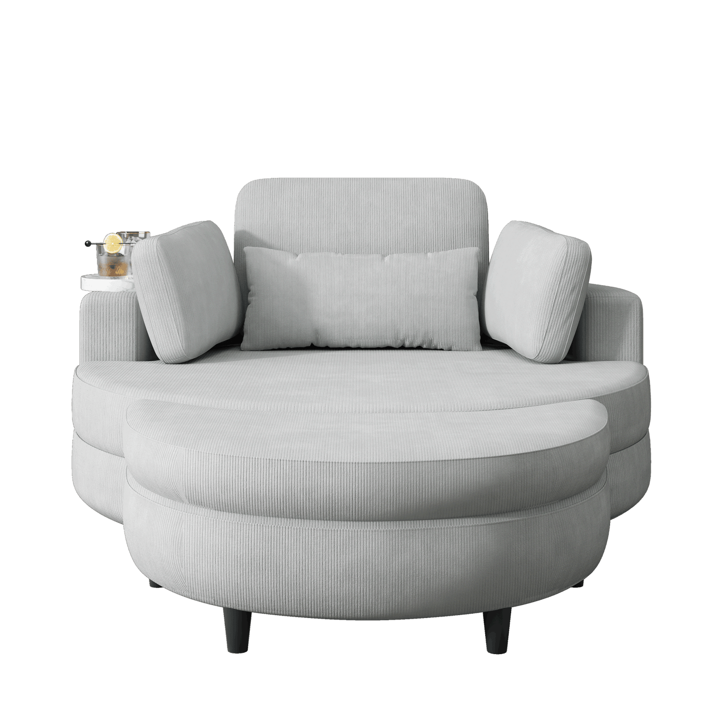 51-inch gray corduroy sofa with two throw pillows and a waist pillow with an extra tray