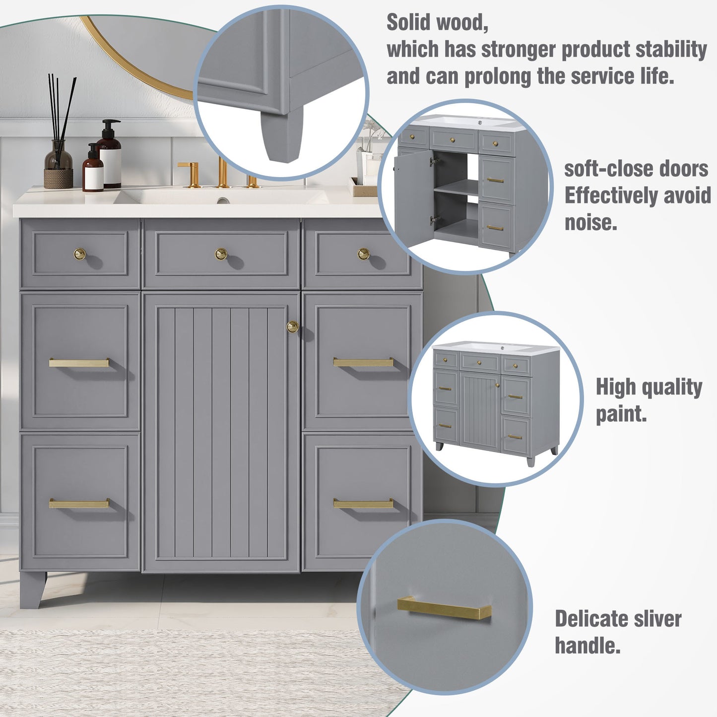 36" Bathroom Vanity Cabinet with Sink Top Combo Set, Grey, Single Sink.