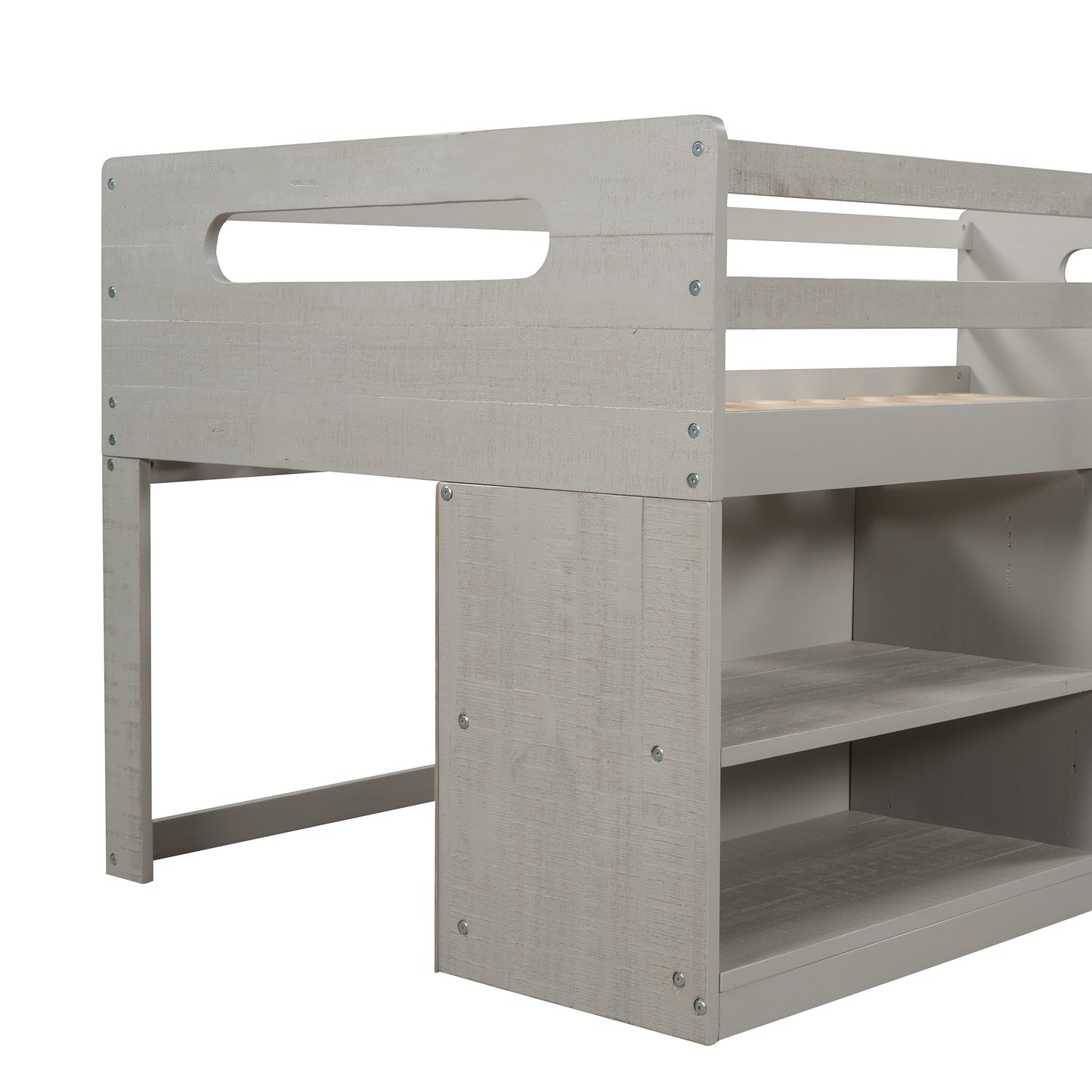 Twin size Loft Bed with Two Shelves and Two drawers