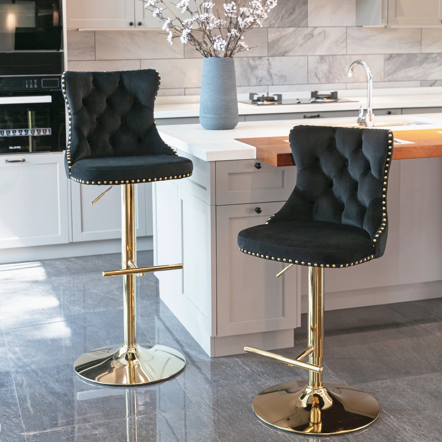 Modern Velvet Gold Studded Barstools