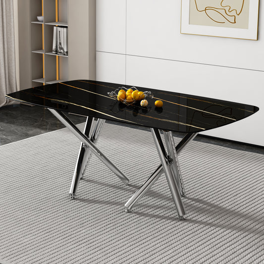 Large modern minimalist rectangular dining table with 0.39 "imitation marble black tabletop and silver metal legs.