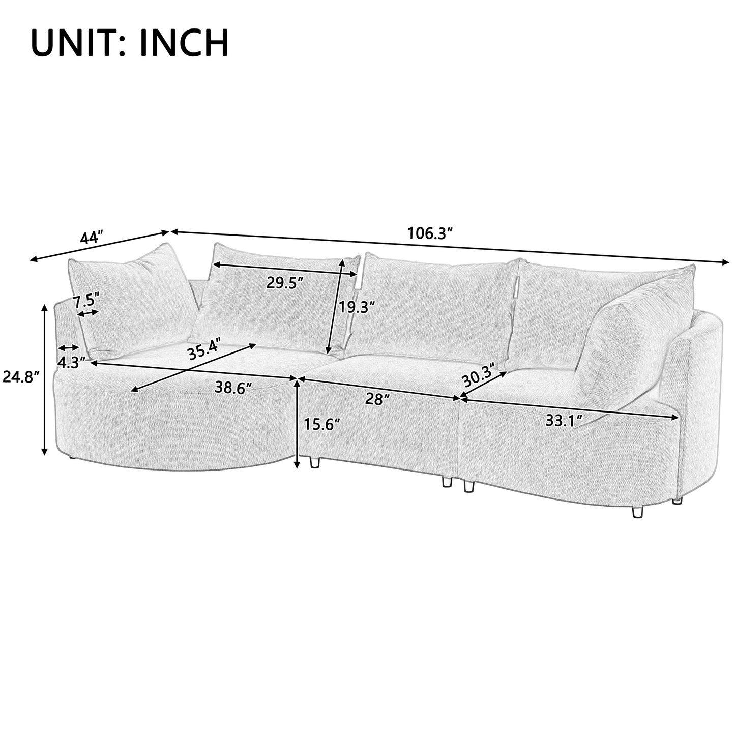 U_STYLE Three Piece Sofas with Five Back Cushions and Curved Seat, for Living Room, Study Room, and Apartment