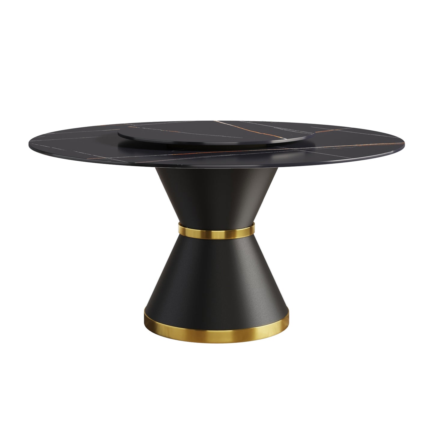 59.05"Modern artificial stone round black carbon steel base dining table-can accommodate 6 people-31.5"black artificial stone turntable