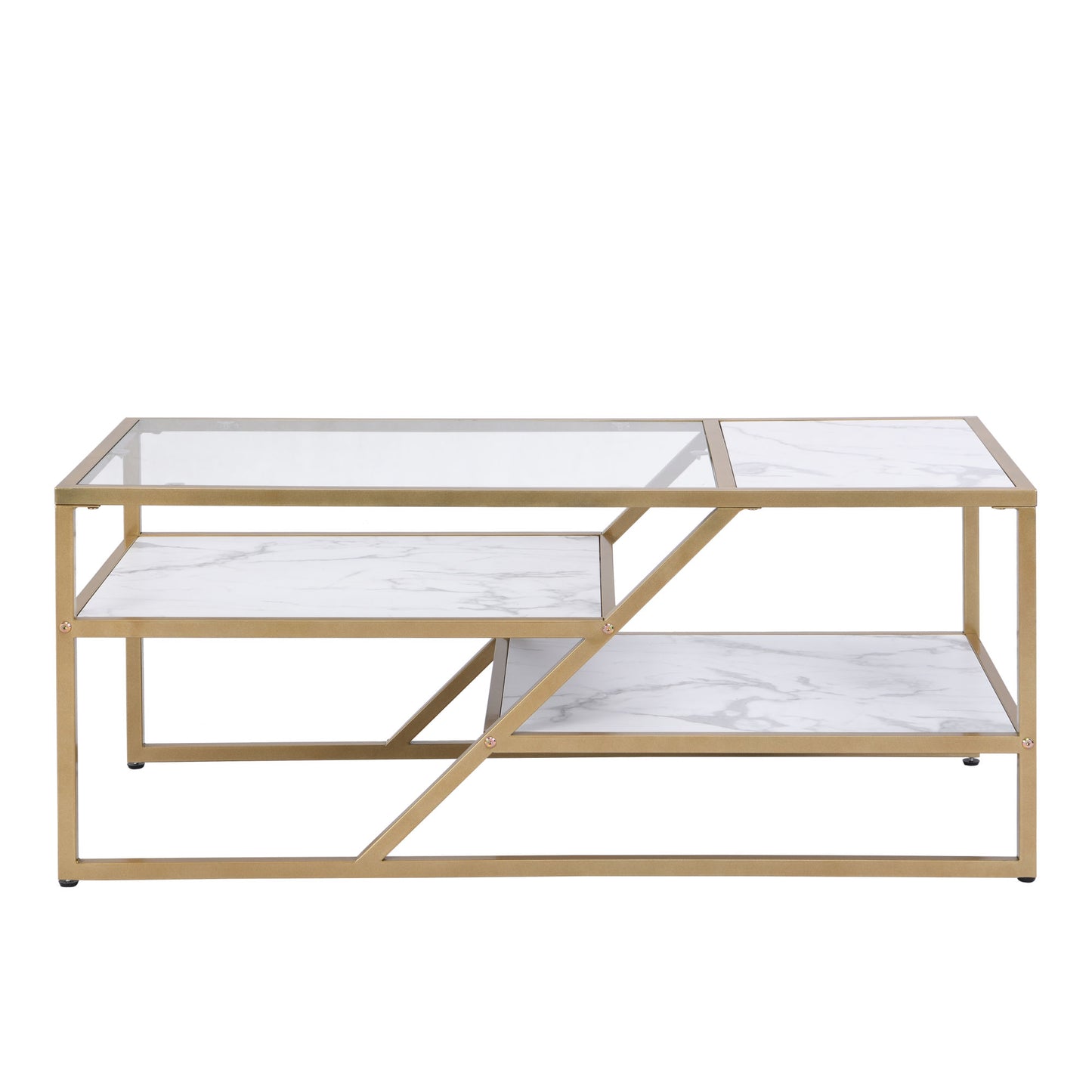 Golden Coffee Table with Storage Shelf; Tempered Glass Coffee Table with Metal Frame