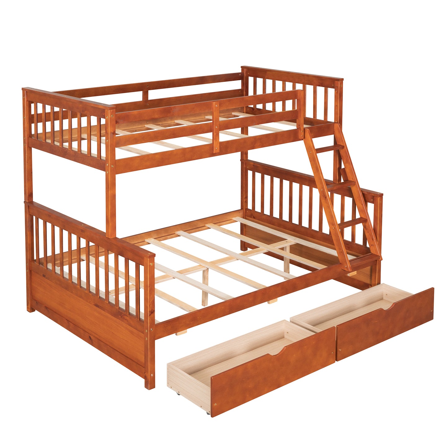 Brown- Twin-Over-Full Bunk Bed with Ladders and Two Storage Drawers