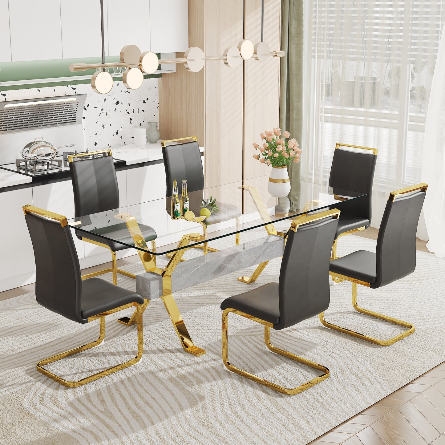 LuxGlass Rectangular Dining Set - Includes 1 Table and 6 Chairs. Modern Simplicity with Tempered Glass Tabletop and 6 Black PU Gold-Plated Leg Chairs. Dimensions: 79''x39''x30''