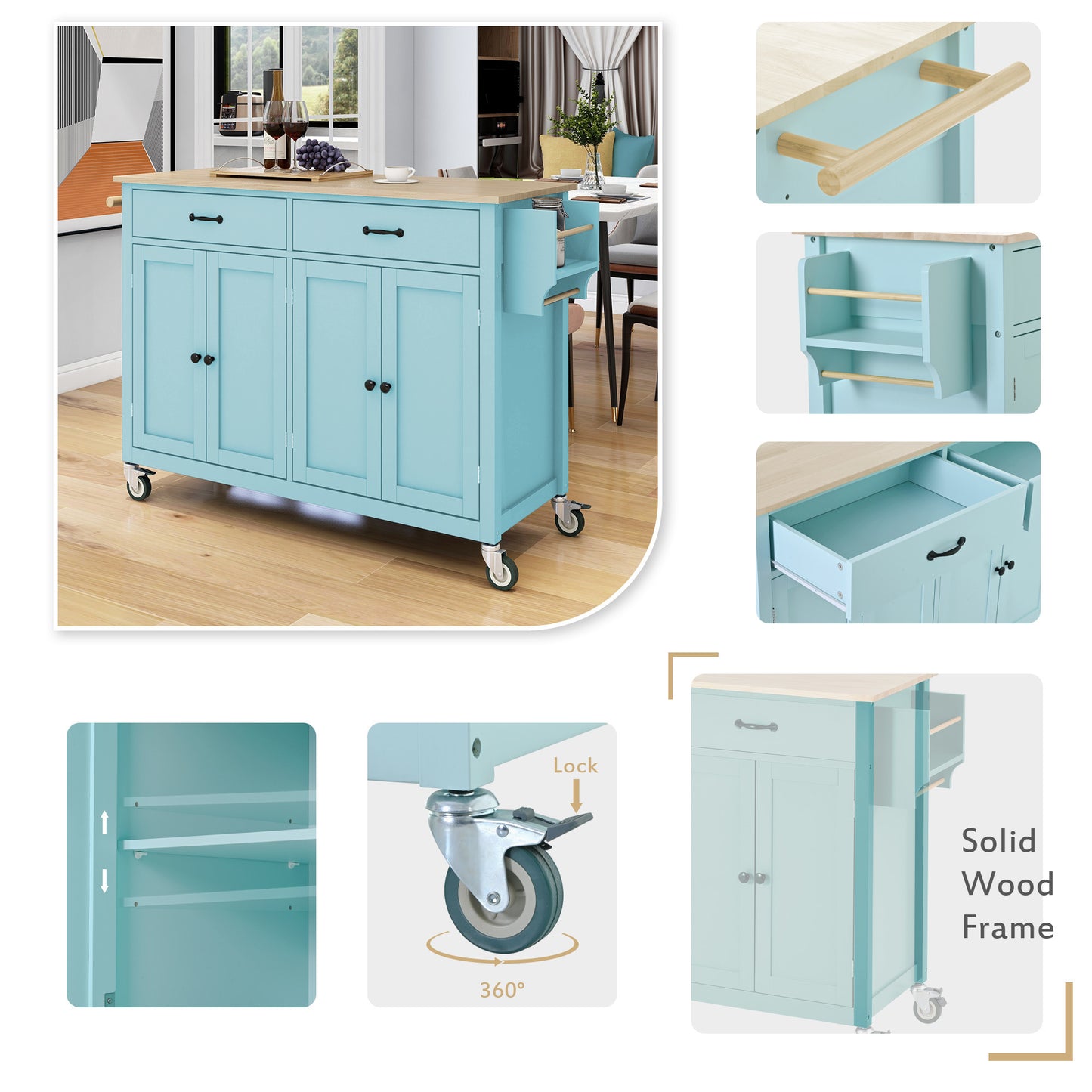 Kitchen Island Cart with 4 Doors (Mint Green)