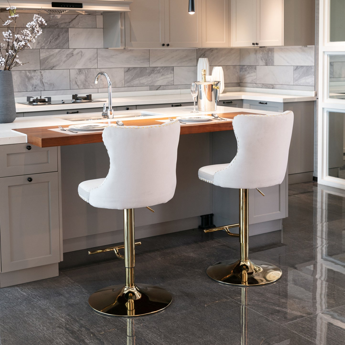 Modern Velvet Gold Studded Barstools