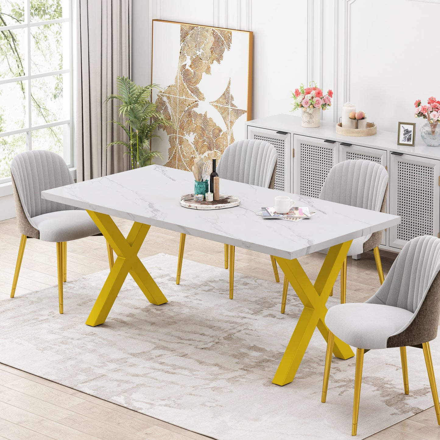 70.87\"Modern Square Dining Table with Printed  Marble Table Top+ X-Shape Table Leg