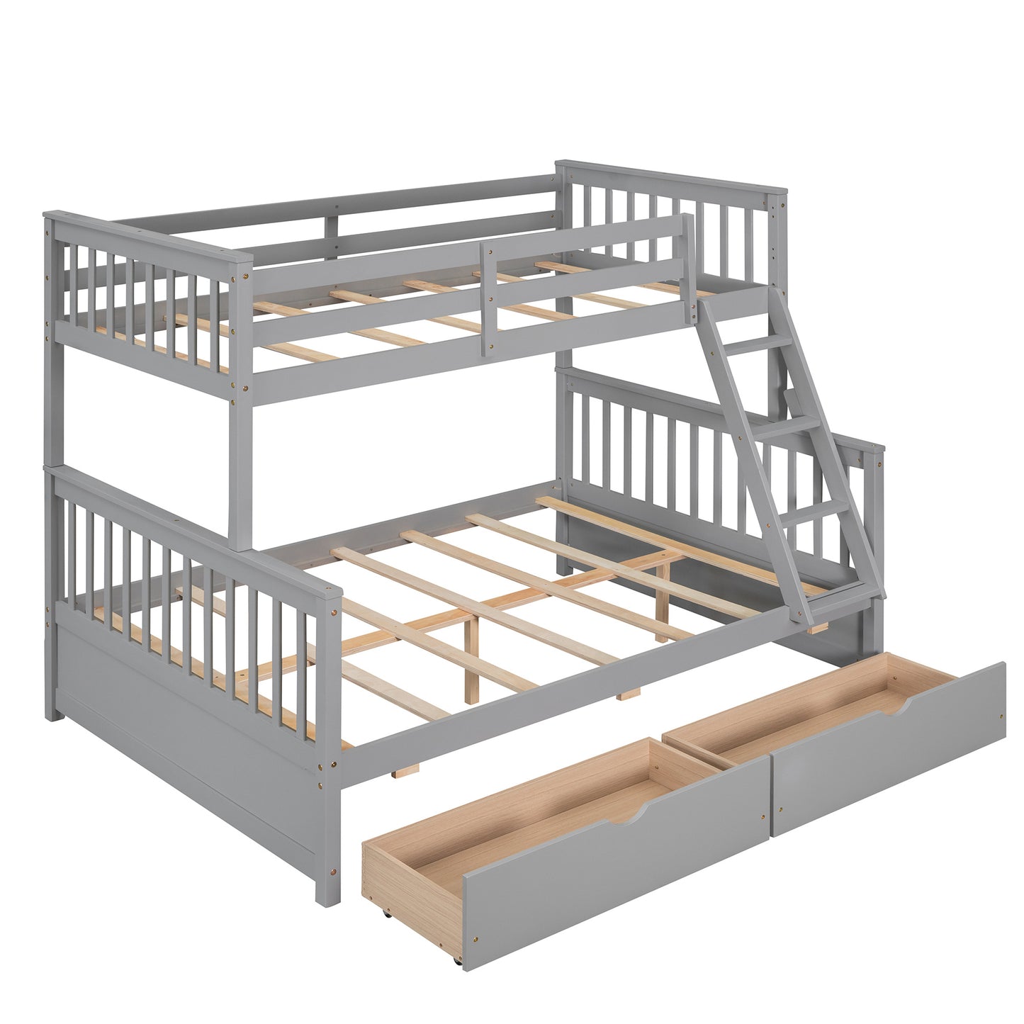 Brown- Twin-Over-Full Bunk Bed with Ladders and Two Storage Drawers