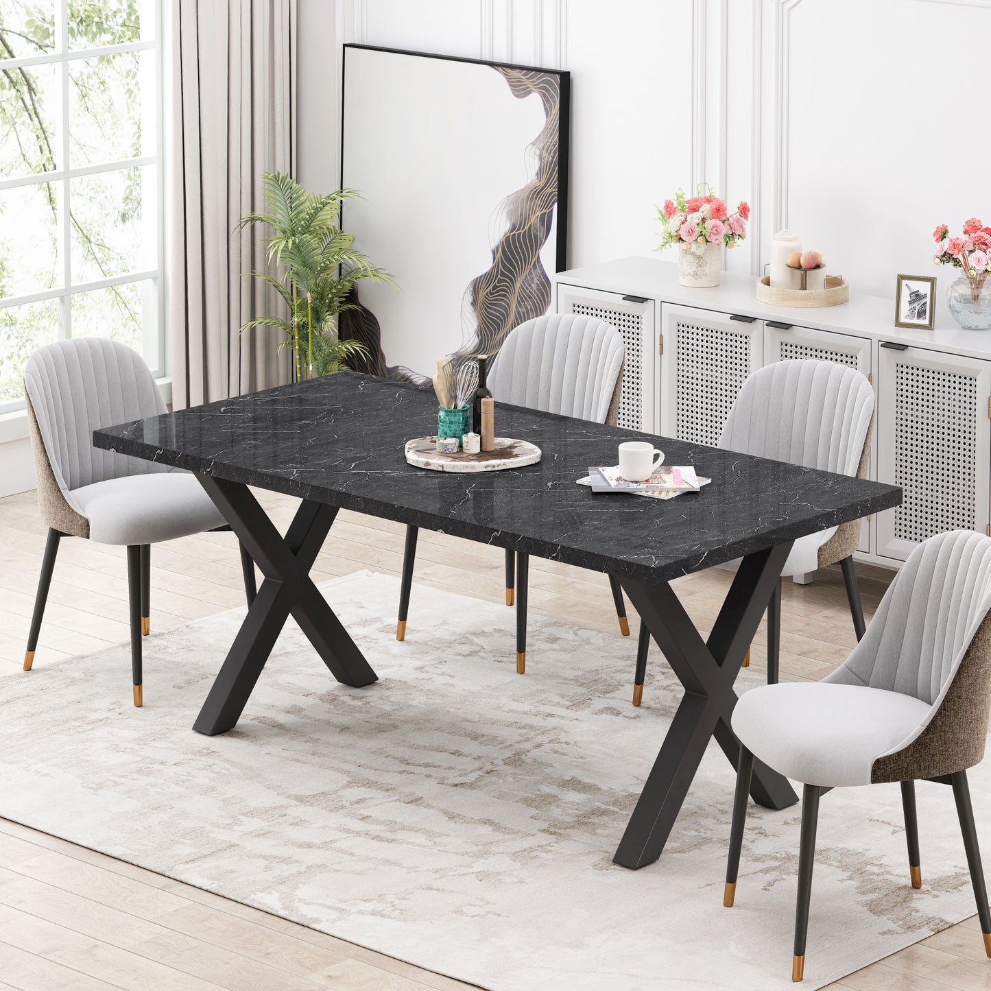 70.87\"Modern Square Dining Table with Printed  Marble Table Top+ X-Shape Table Leg