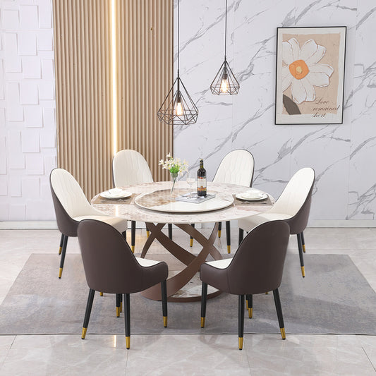 59.05"Modern Sintered stone dining table with 31.5" round turntable and metal exquisite pedestal with 6pcs Chairs .