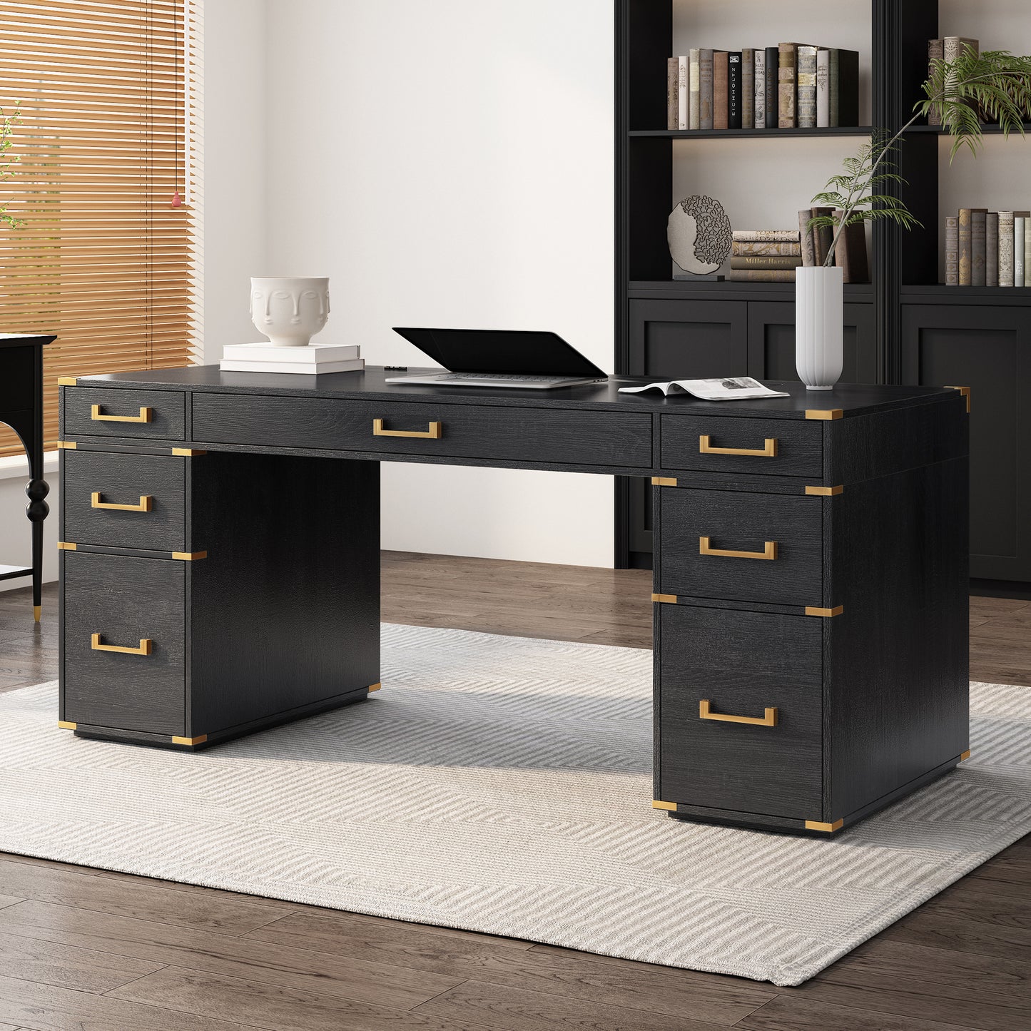 70"Classic and Traditional Executive Desk with Metal Edge Trim , Black