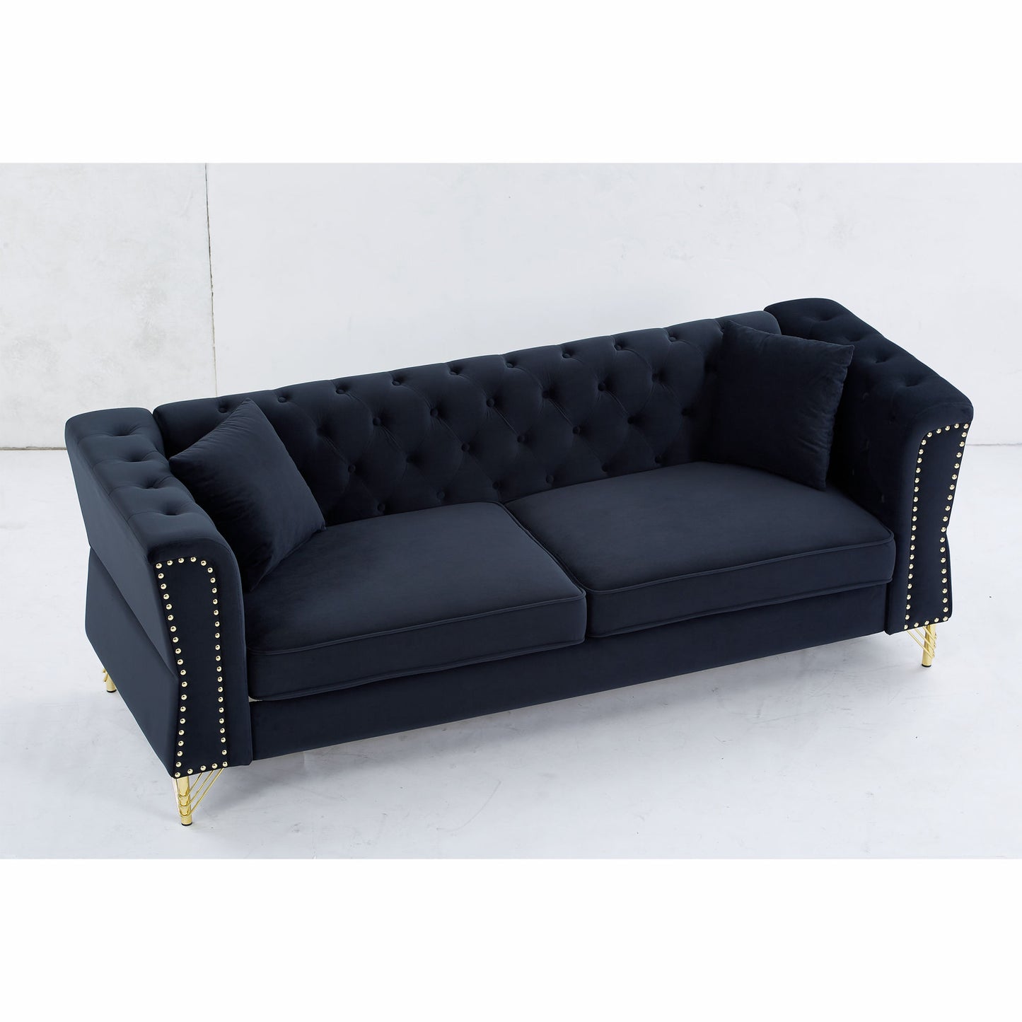 81.8" Chesterfield Sofa Grey Velvet for Living Room, 3-Seater Sofa Tufted Couch with metal foot and Nailhead- two pillows