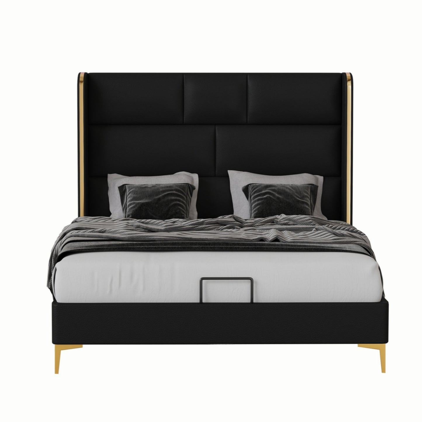 56" Tall Headboard Square Tufted Upholstered Platform Bed , Queen Size Bed Frame with Thickening Pinewooden Slats and Metal Leg, Black