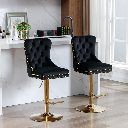 A&A Furniture,Thick Golden Swivel Velvet Barstools Adjusatble Seat Height from 27-35 Inch, Modern Upholstered Bar Stools with Backs Comfortable Tufted for Home Pub and Kitchen Island (Black,Set of 2)