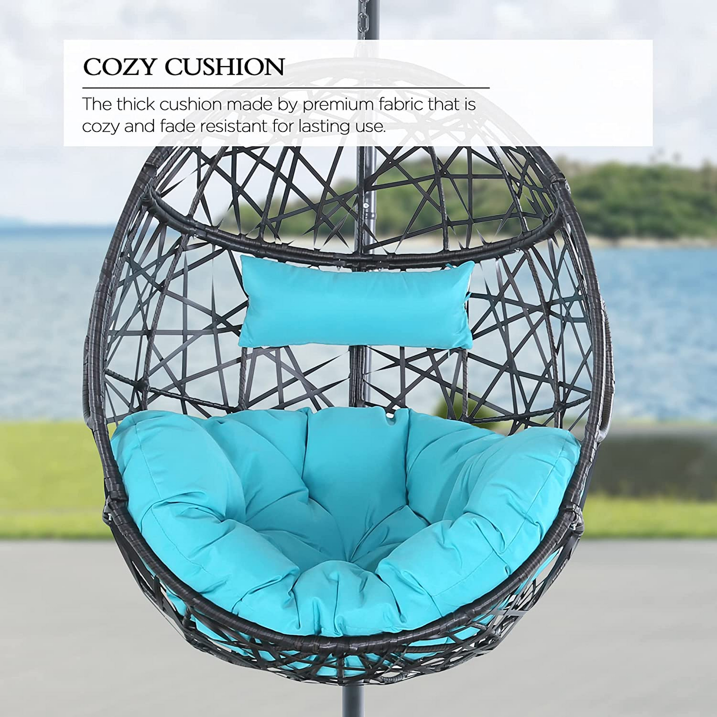 Hanging Egg Chair Outdoor Indoor Patio Swing Chair with UV Resistant Cushion Wicker Rattan Hammock Basket Chair with Stand (Turqoise)