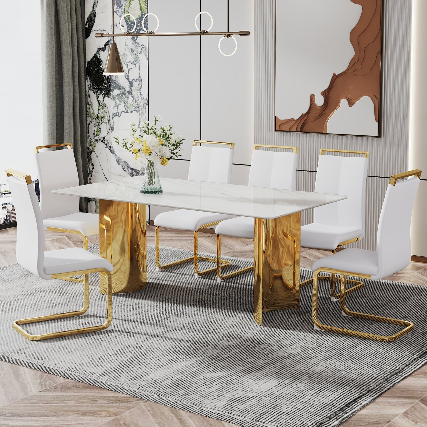 Modern minimalist dining table. The white imitation marble glass desktop is equipped with golden metal legs. Suitable for restaurants and living rooms 71 "* 39.3" * 29.5 "DT-69