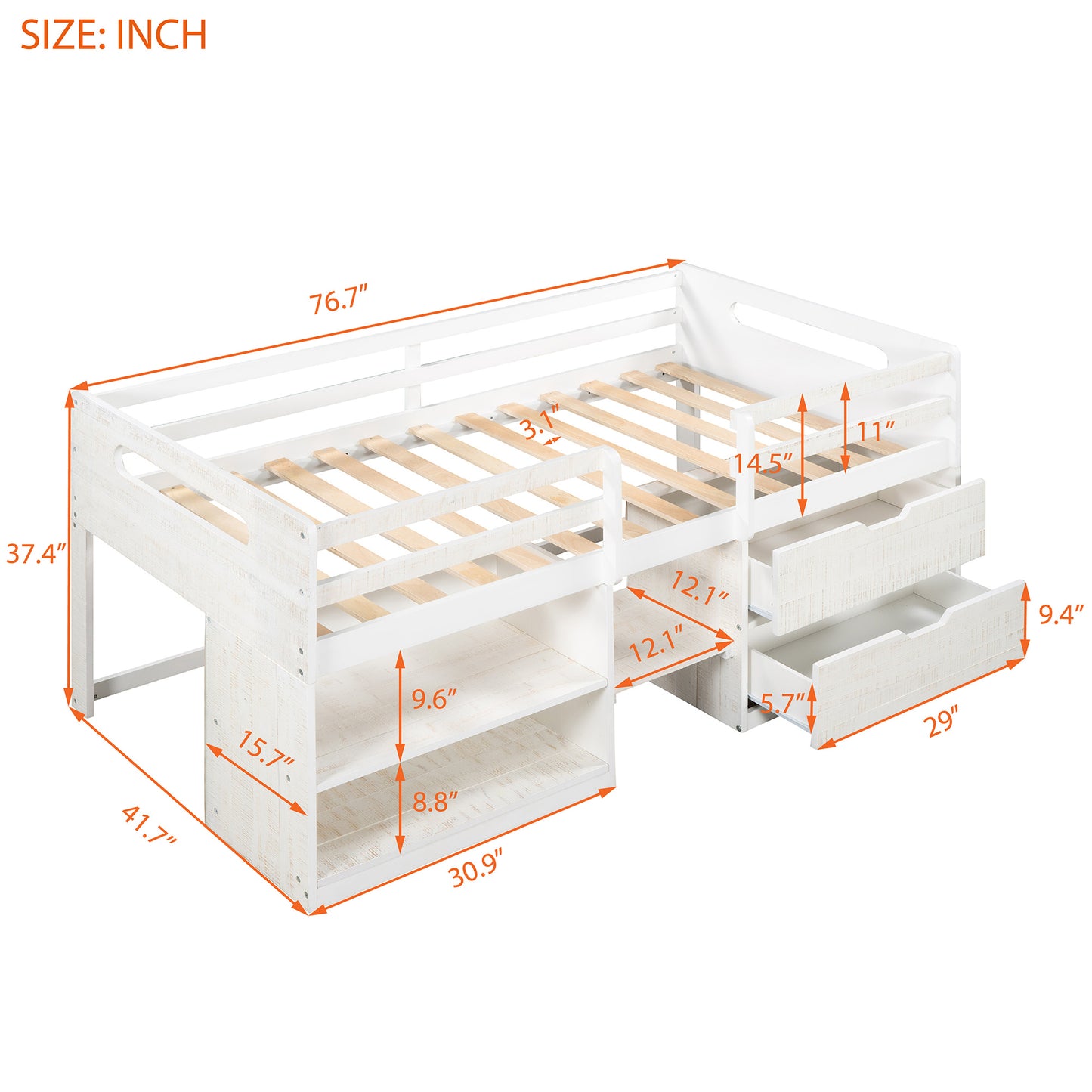 Twin size Loft Bed with Two Shelves and Two drawers