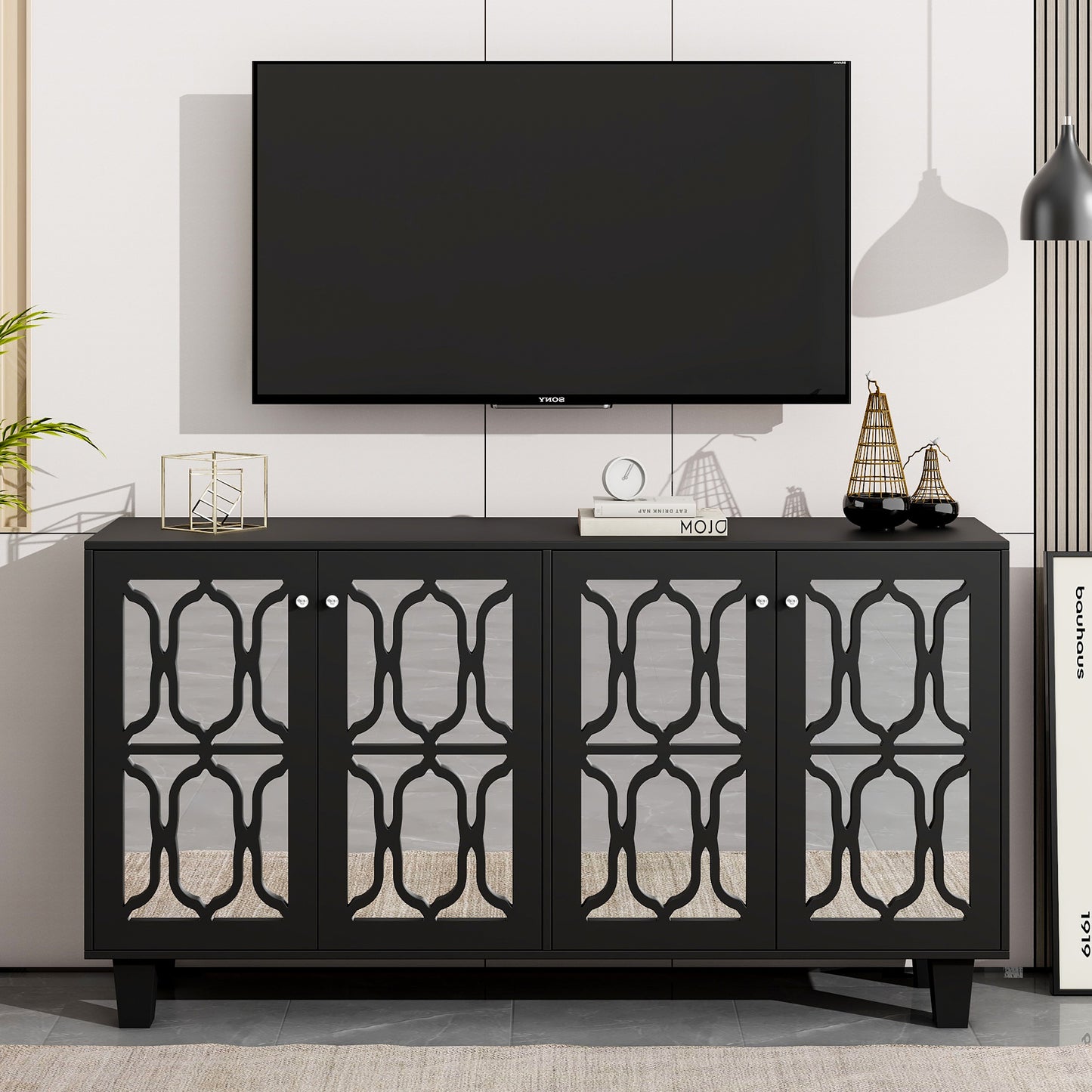 ON-TREND Buffet Cabinet with Adjustable Shelves, 4-Door Mirror Hollow-Carved TV stand for TVs Up to 70'', Multi-functional Console Table with Storage Credenza Accent Cabinet for Living Room, Black