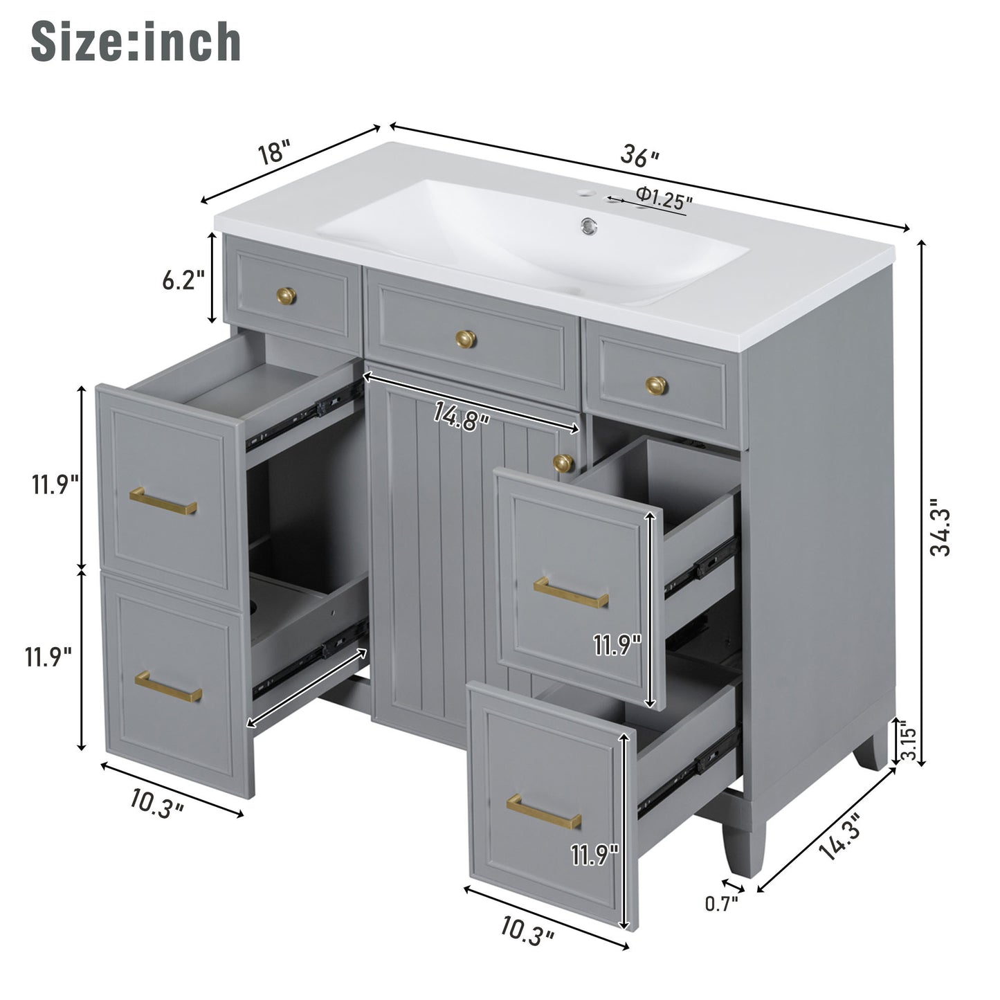 36" Bathroom Vanity Cabinet with Sink Top Combo Set, Grey, Single Sink.