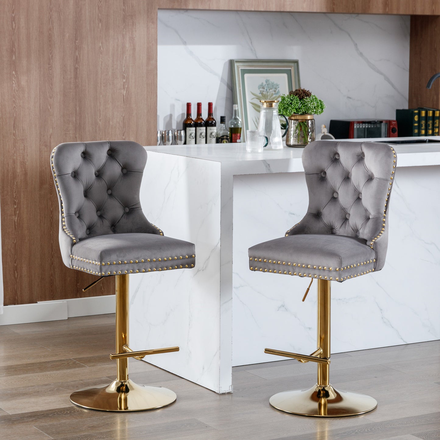 Gray and Gold Velvet Barstools  (Gray, Set of 2)