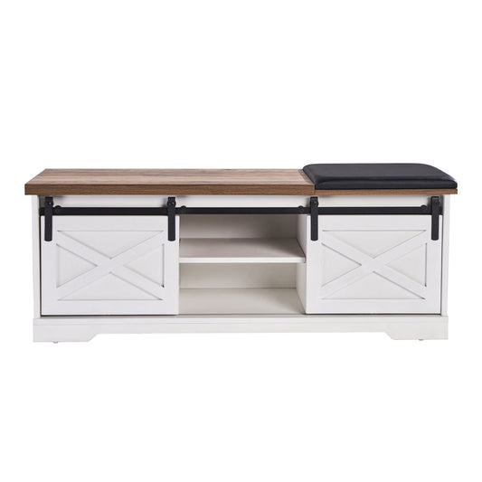 47 Inch Modern Farmhouse Sliding X Barn Door Litterbox Bench with Entry Cutout;  Shoe Bench Multi-color Option