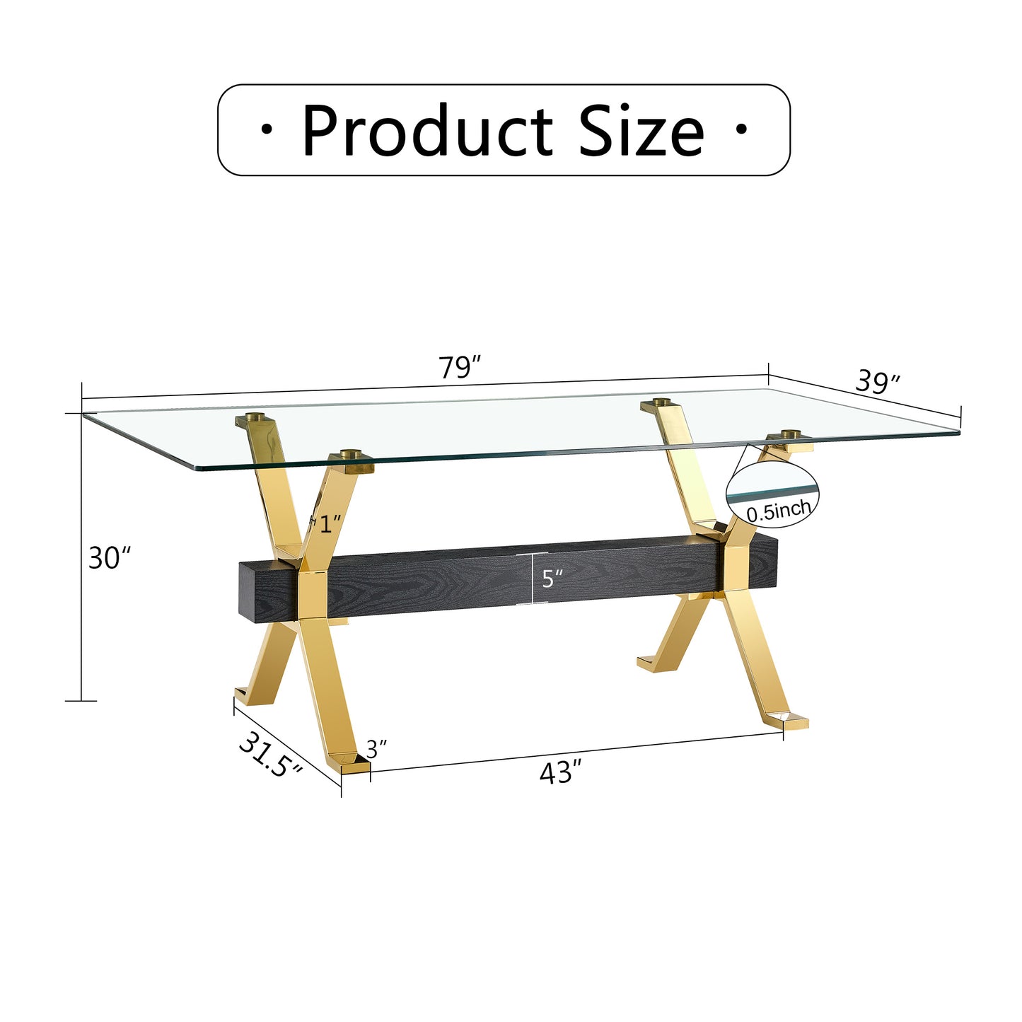 GrandGlass Rectangular Dining Set - Includes 1 Table and 8 Chairs. Modern Simplicity with Tempered Glass Tabletop and 8 Black PU Gold-Plated Leg Chairs. Dimensions: 79''x39''x30''