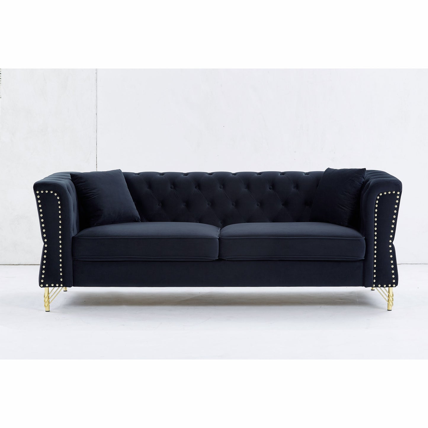 81.8" Chesterfield Sofa Grey Velvet for Living Room, 3-Seater Sofa Tufted Couch with metal foot and Nailhead- two pillows