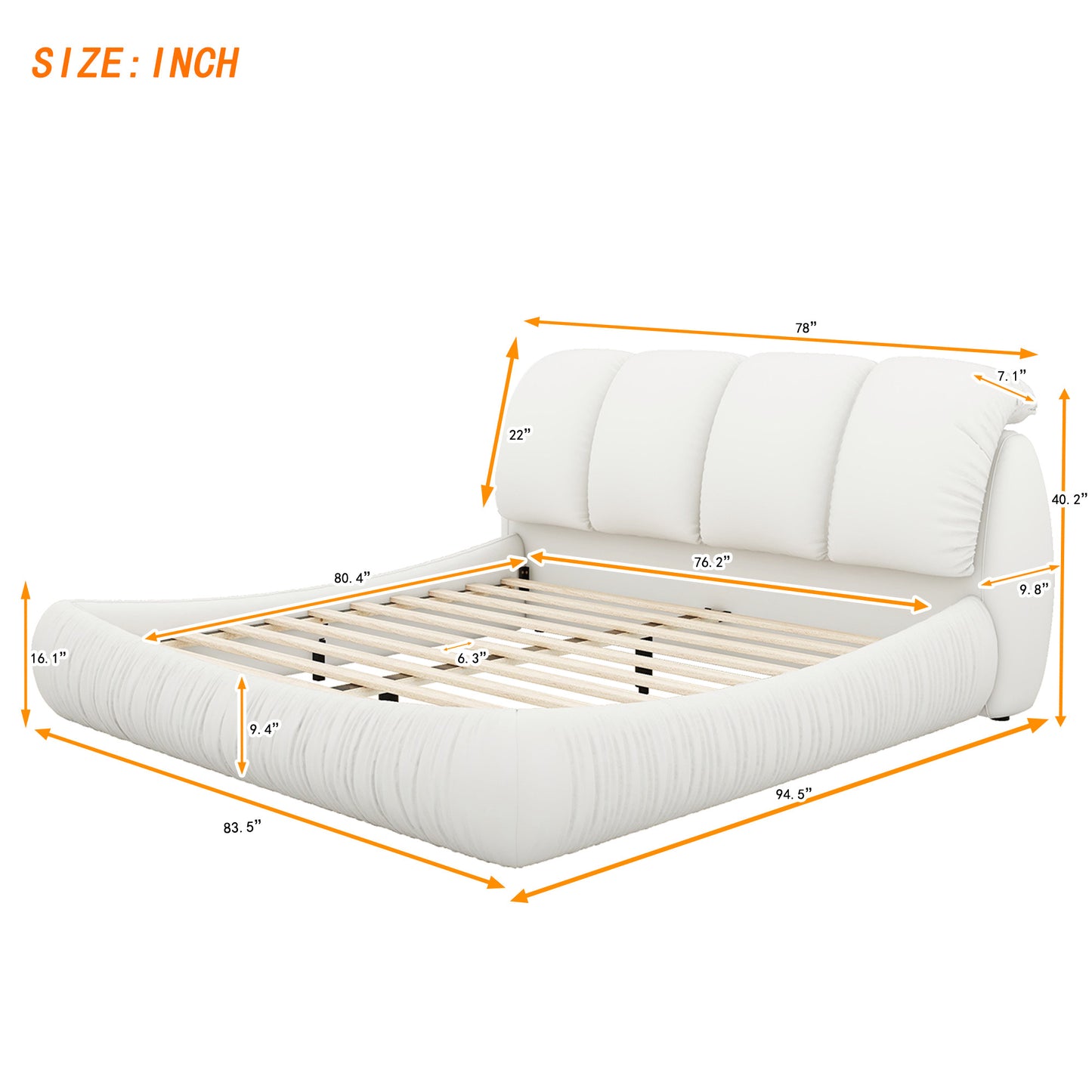 King Size Luxury Upholstered Bed - Leather King Bed with Oversized Padded Backrest, White