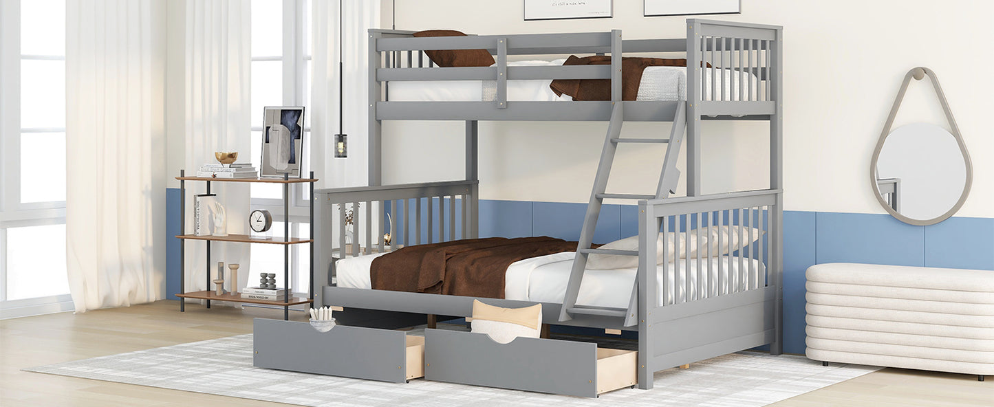 Brown- Twin-Over-Full Bunk Bed with Ladders and Two Storage Drawers