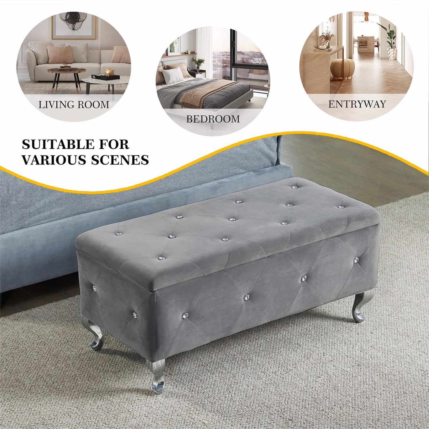 Tufted Storage Ottoman Bench For Bedroom End Of Bed Large Upholstered Storage Benches Footrest With Crystal Buttons For Living Room Entryway (Grey)