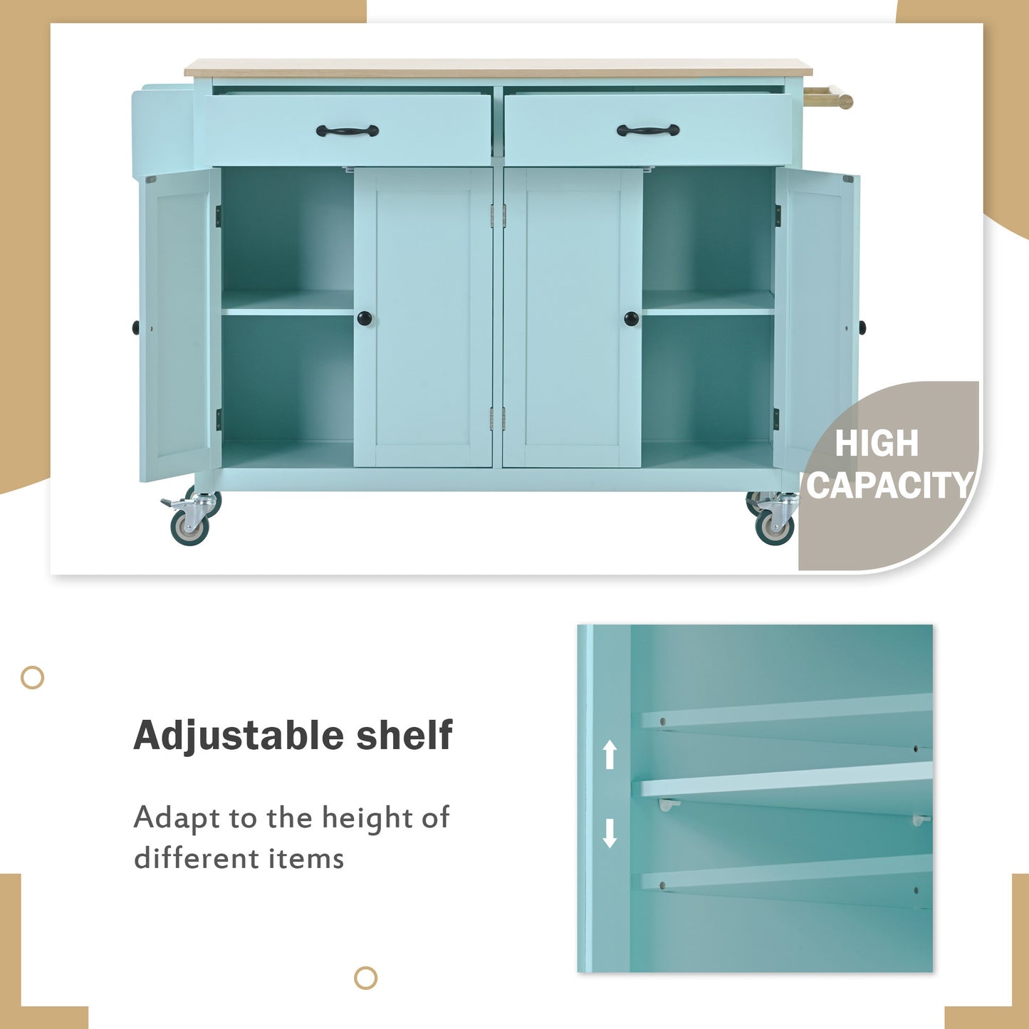 Kitchen Island Cart with 4 Doors (Mint Green)