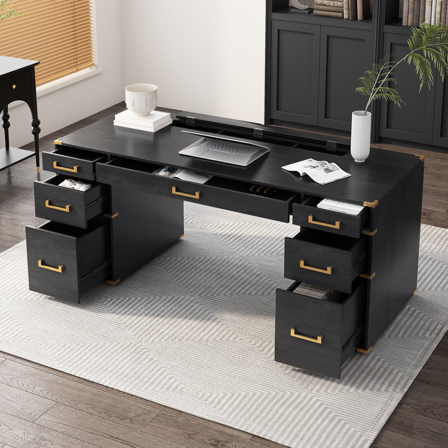 70"Classic and Traditional Executive Desk with Metal Edge Trim , Black