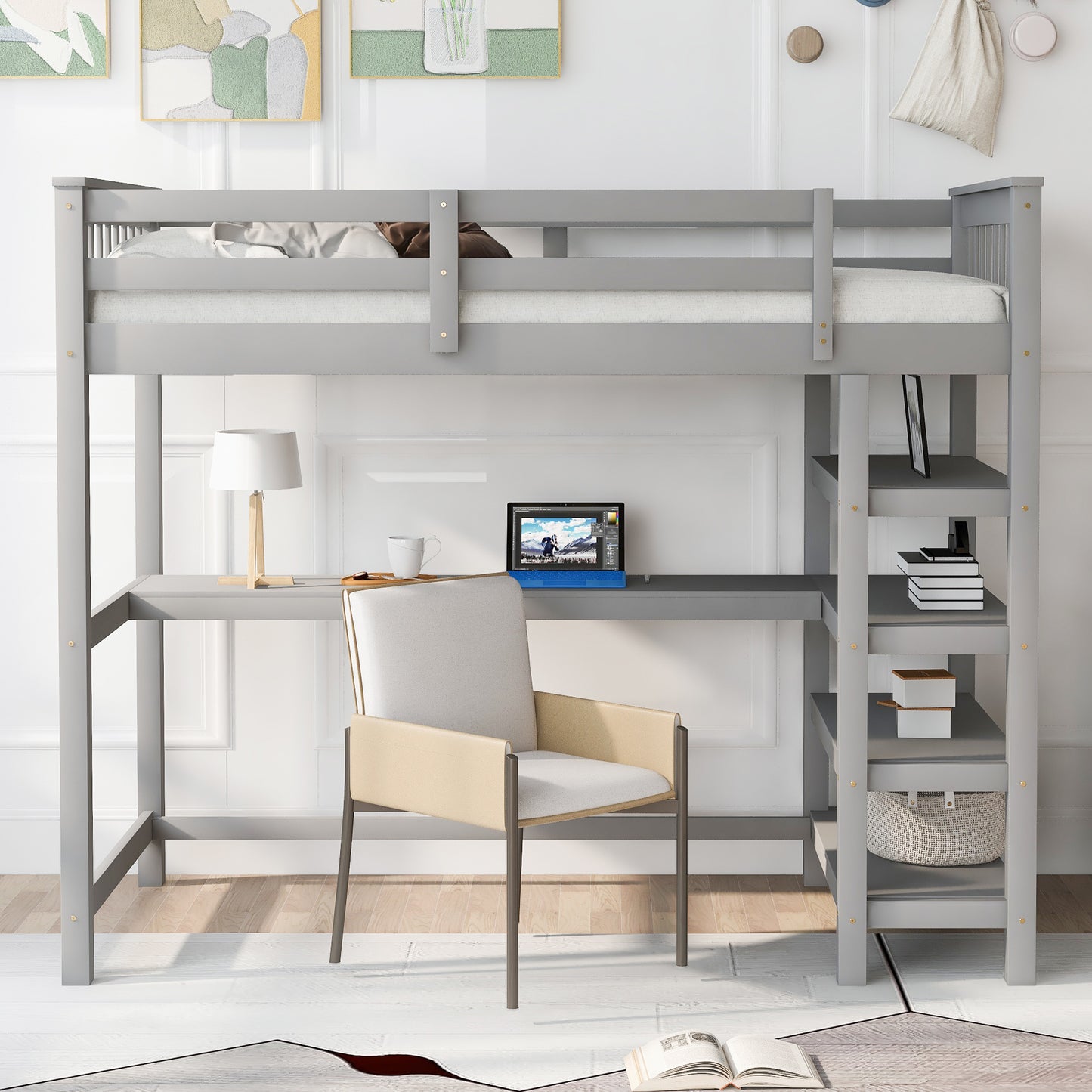 Twin Size Loft Bed with Storage Shelves and Under-bed Desk