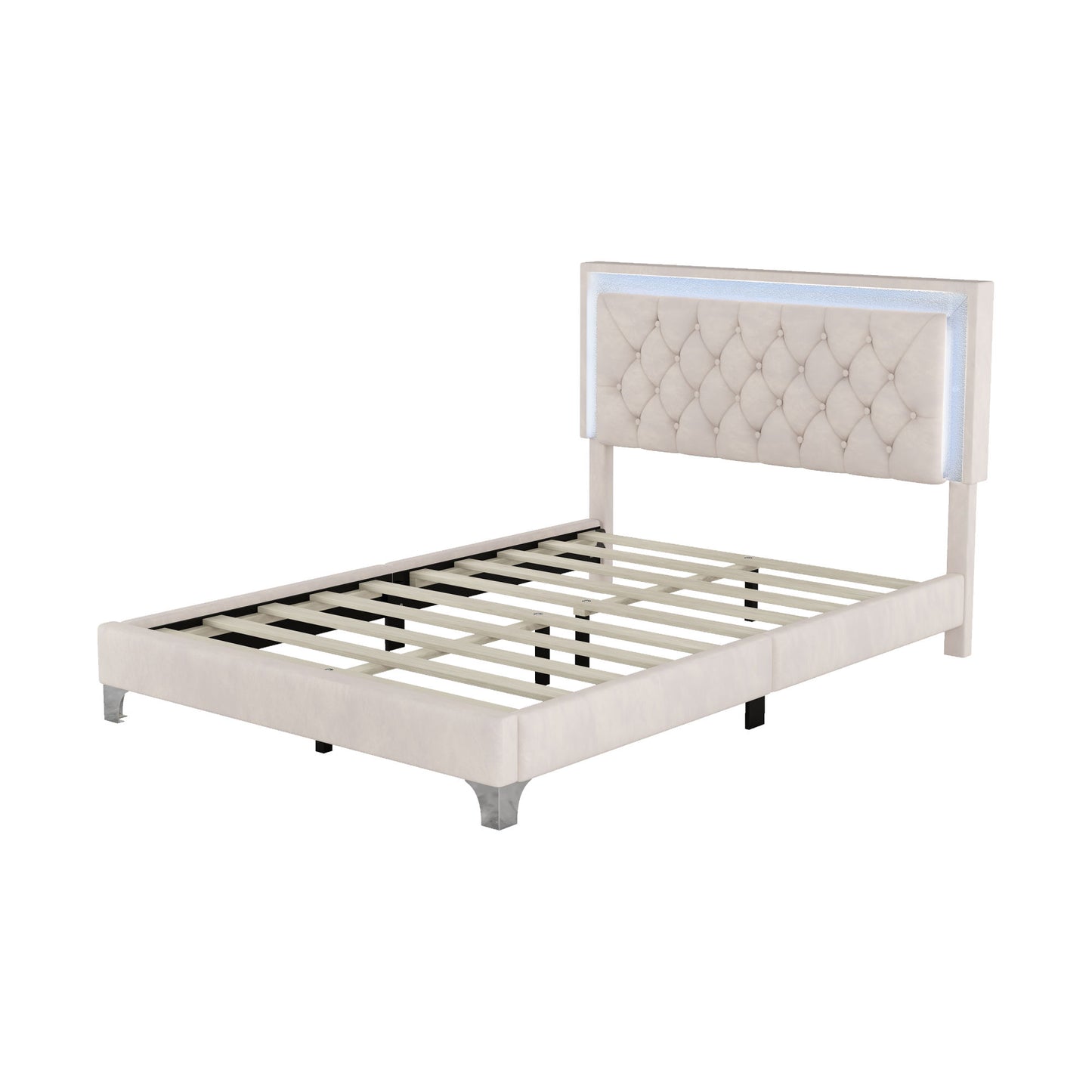 Full Size Upholstered Bed Frame with LED Lights,Modern Velvet Platform Bed with Tufted Headboard,Beige