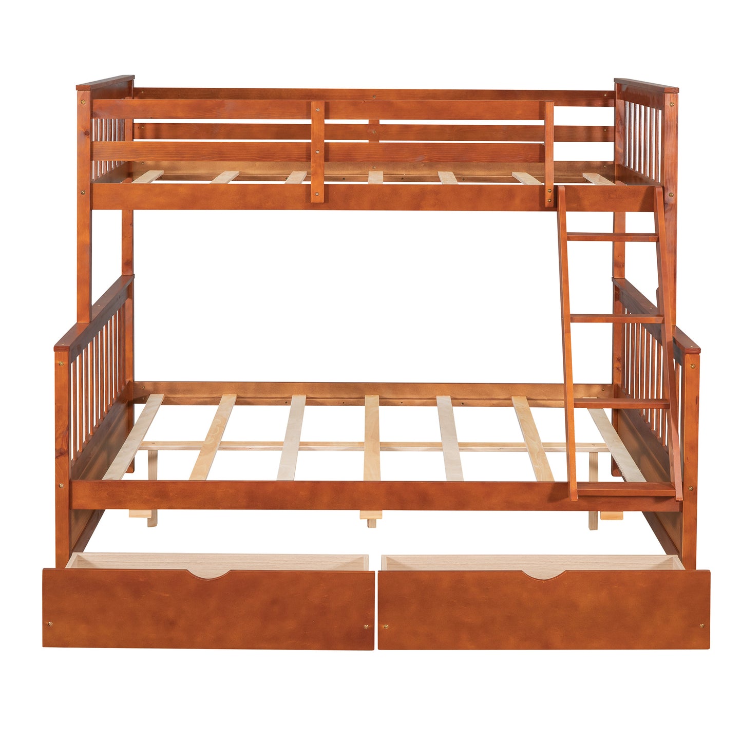 Brown- Twin-Over-Full Bunk Bed with Ladders and Two Storage Drawers