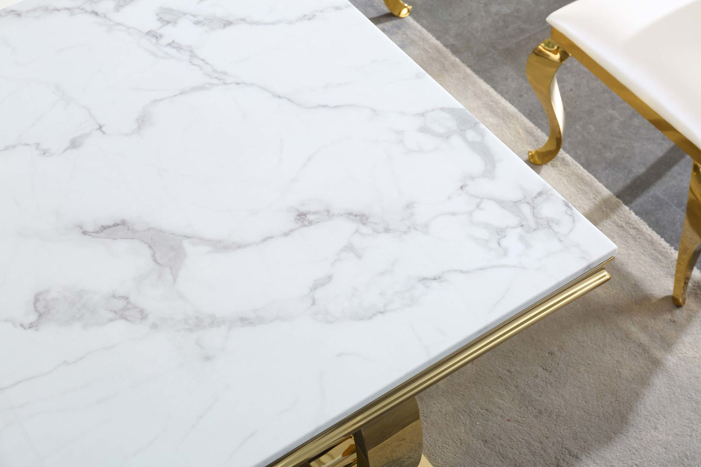 White Marble Dining Table, 0.71" Thick Marble Top, Double U-Shape Stainless Steel Base with Gold Mirrored Finish