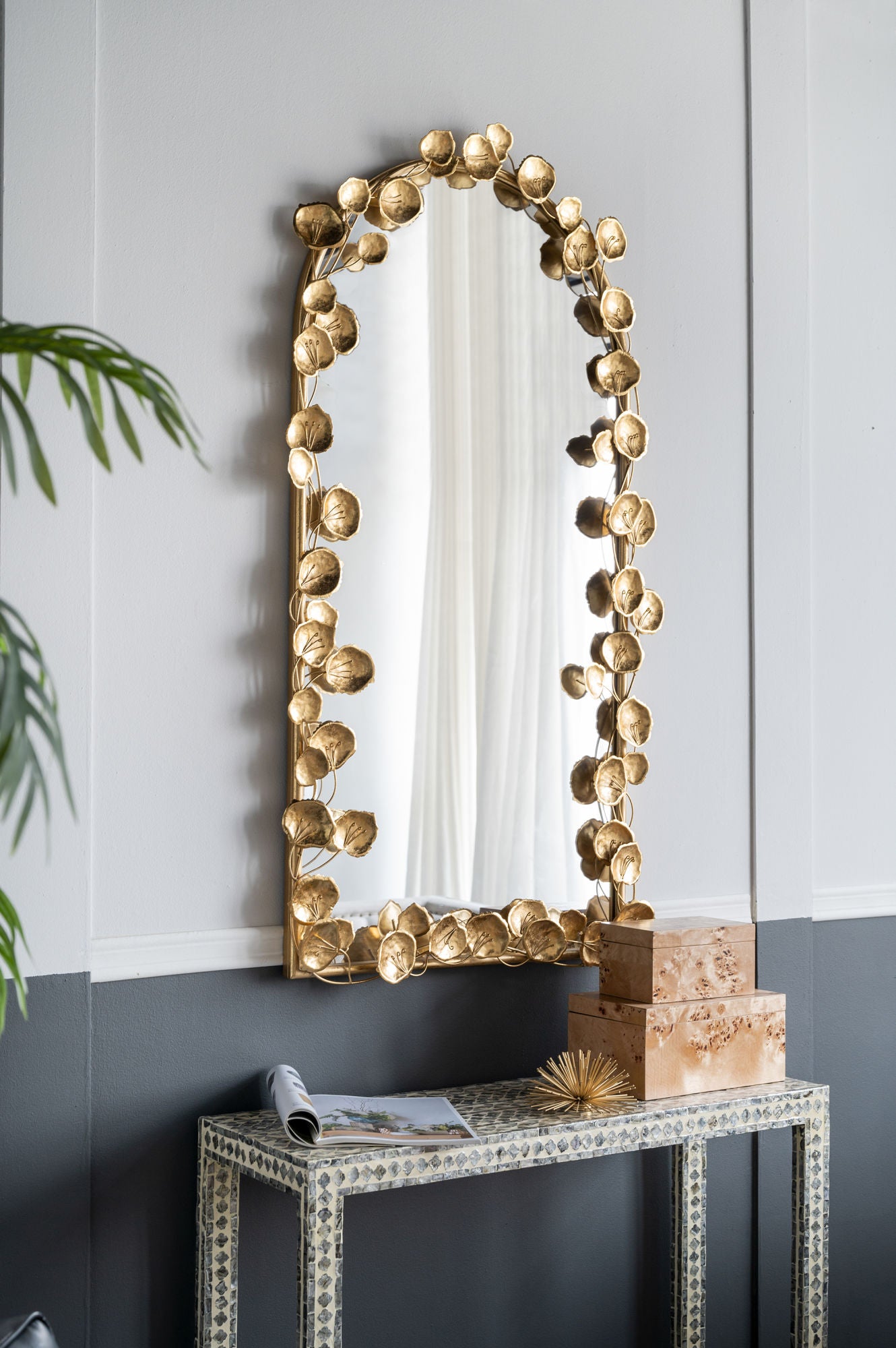 51.5" x 29" Full Length Arched Wall Mirror with Golden Leaf Accents