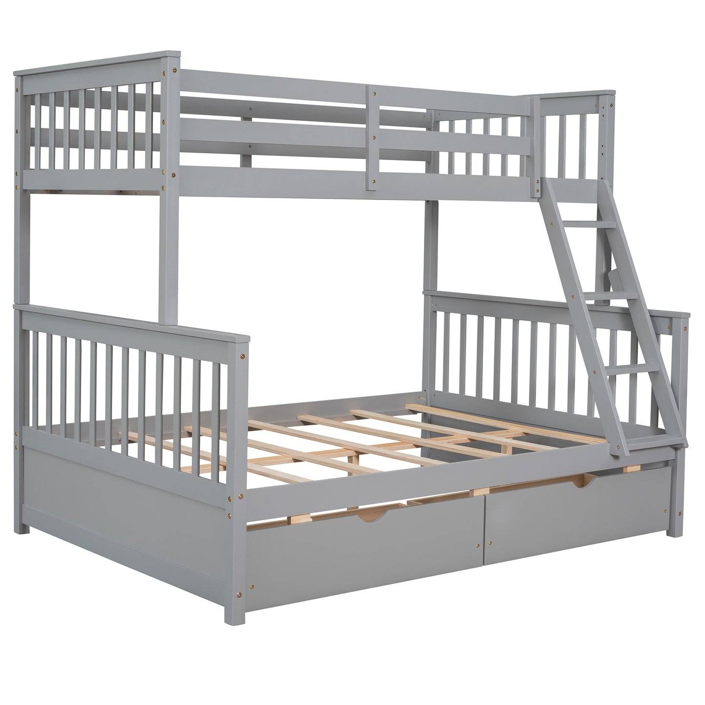 Brown- Twin-Over-Full Bunk Bed with Ladders and Two Storage Drawers