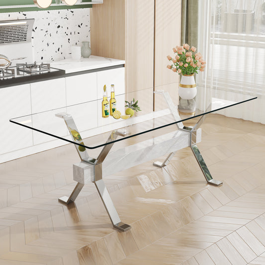 Dining table. Modern tempered glass dining table. Large modern office desk with silver plated metal legs and MDF crossbars, suitable for both home and office use. Kitchen. 79 ''x39''x30