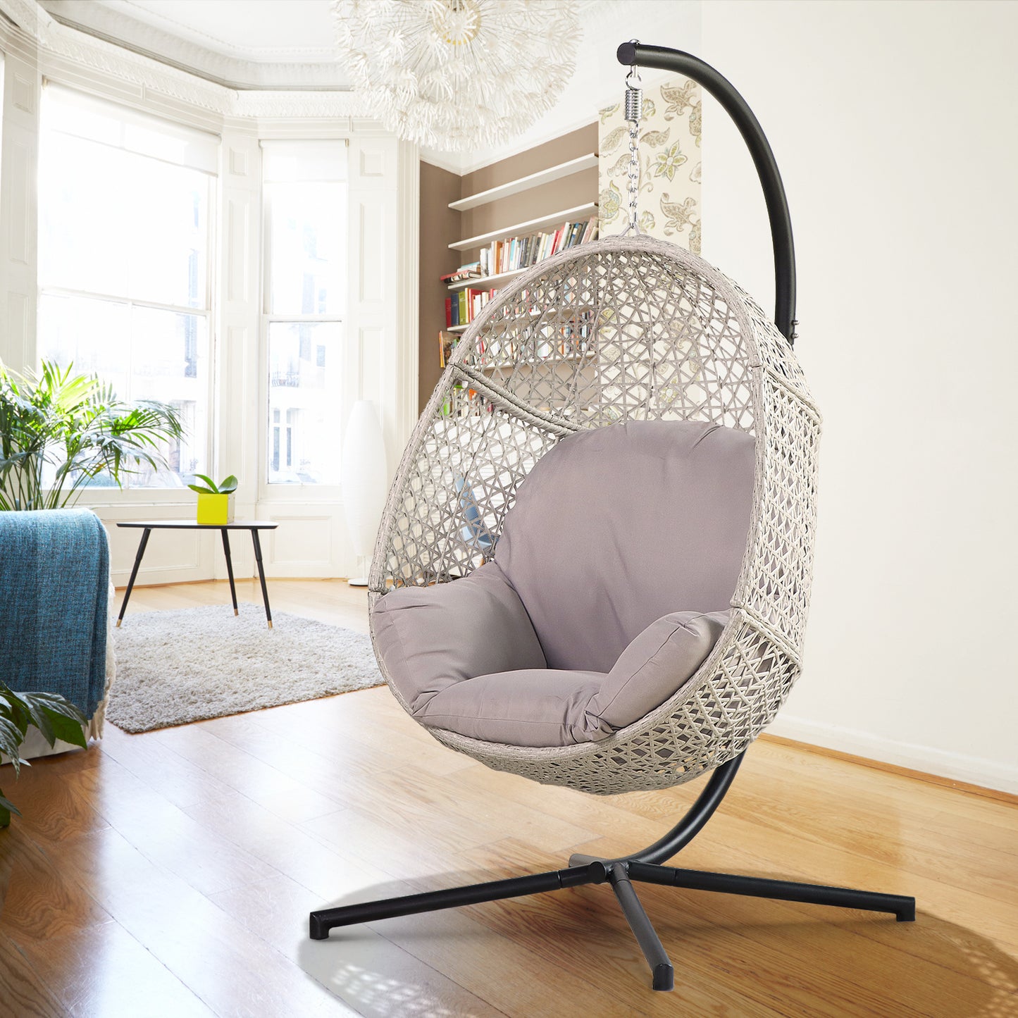 Large Hanging Egg Chair with Metal Stand and UV Resistant Cushion Hammock Chairs with C-Stand for Outdoor Indoor