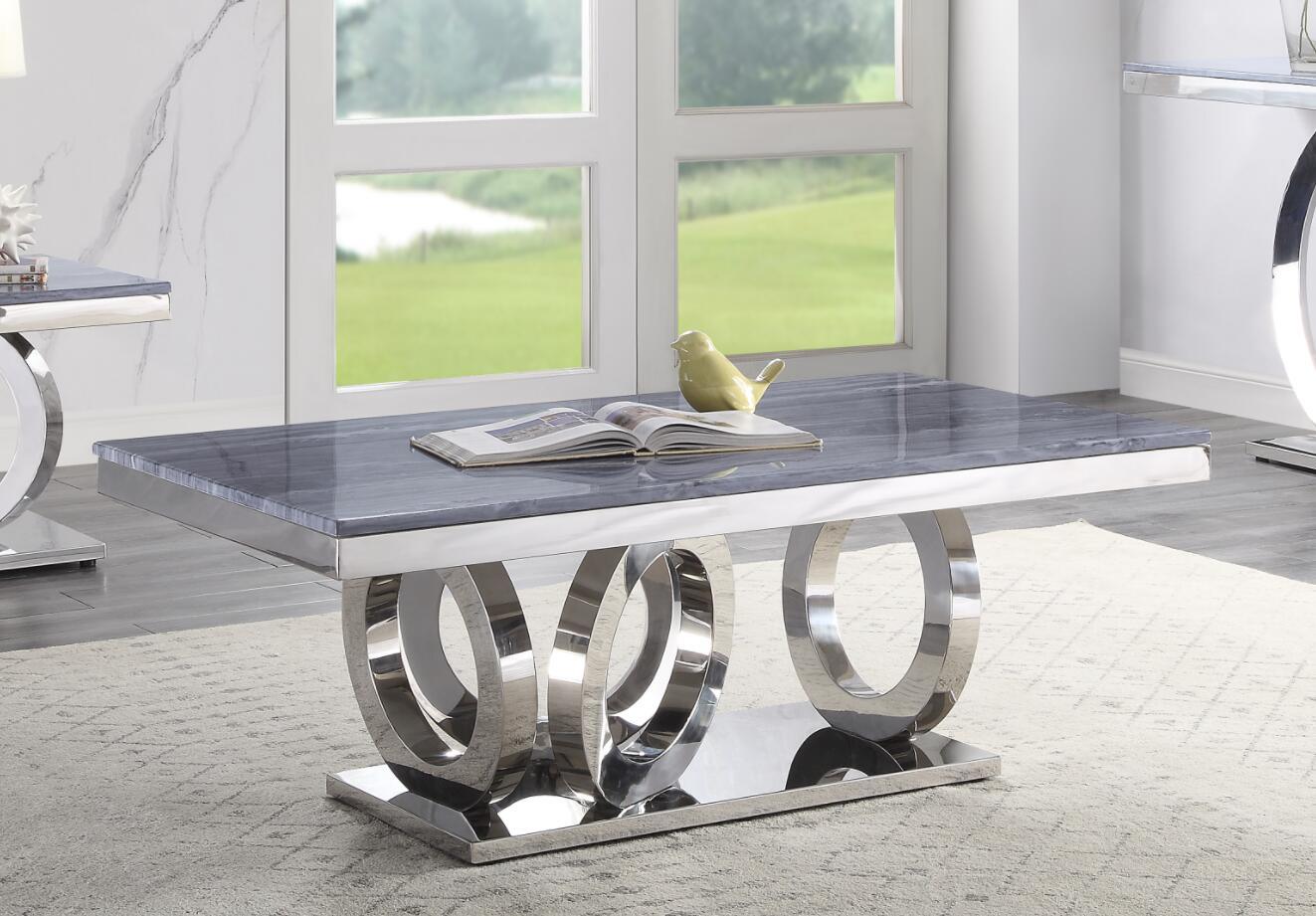 ACME Zasir Coffee Table, Gray Printed Faux Marble & Mirrored Silver Finish