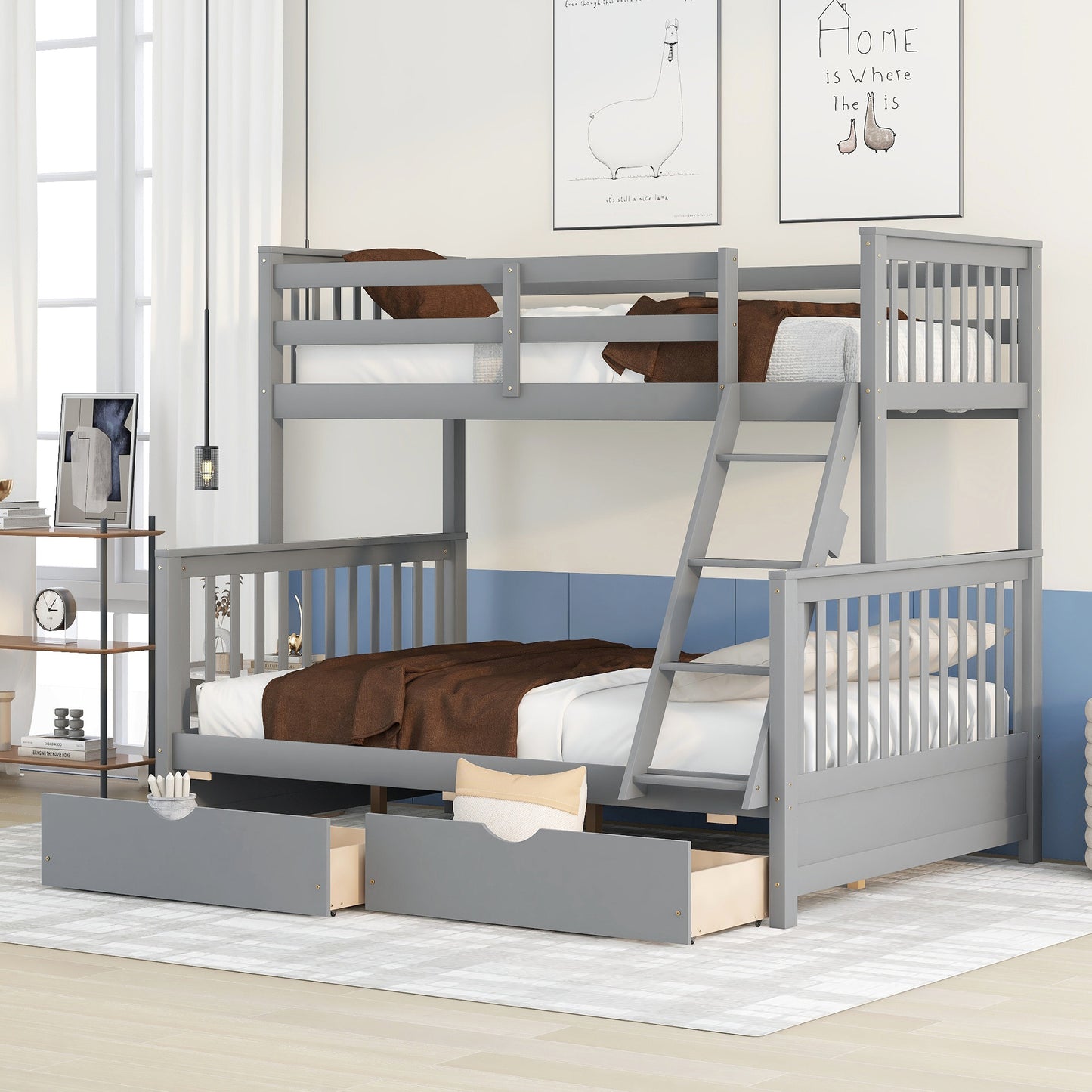 Brown- Twin-Over-Full Bunk Bed with Ladders and Two Storage Drawers