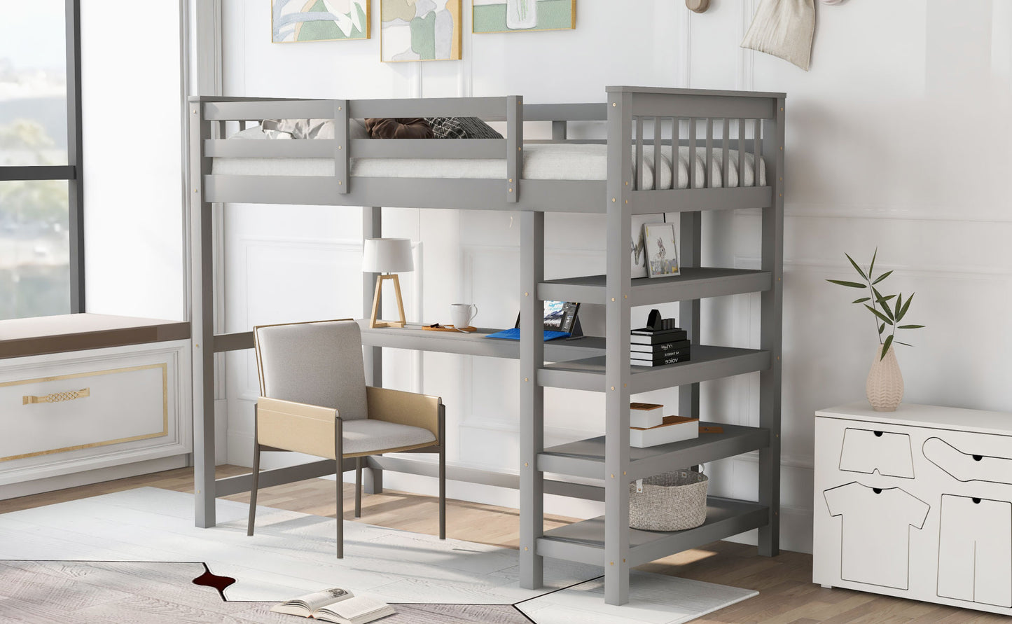 Twin Size Loft Bed with Storage Shelves and Under-bed Desk